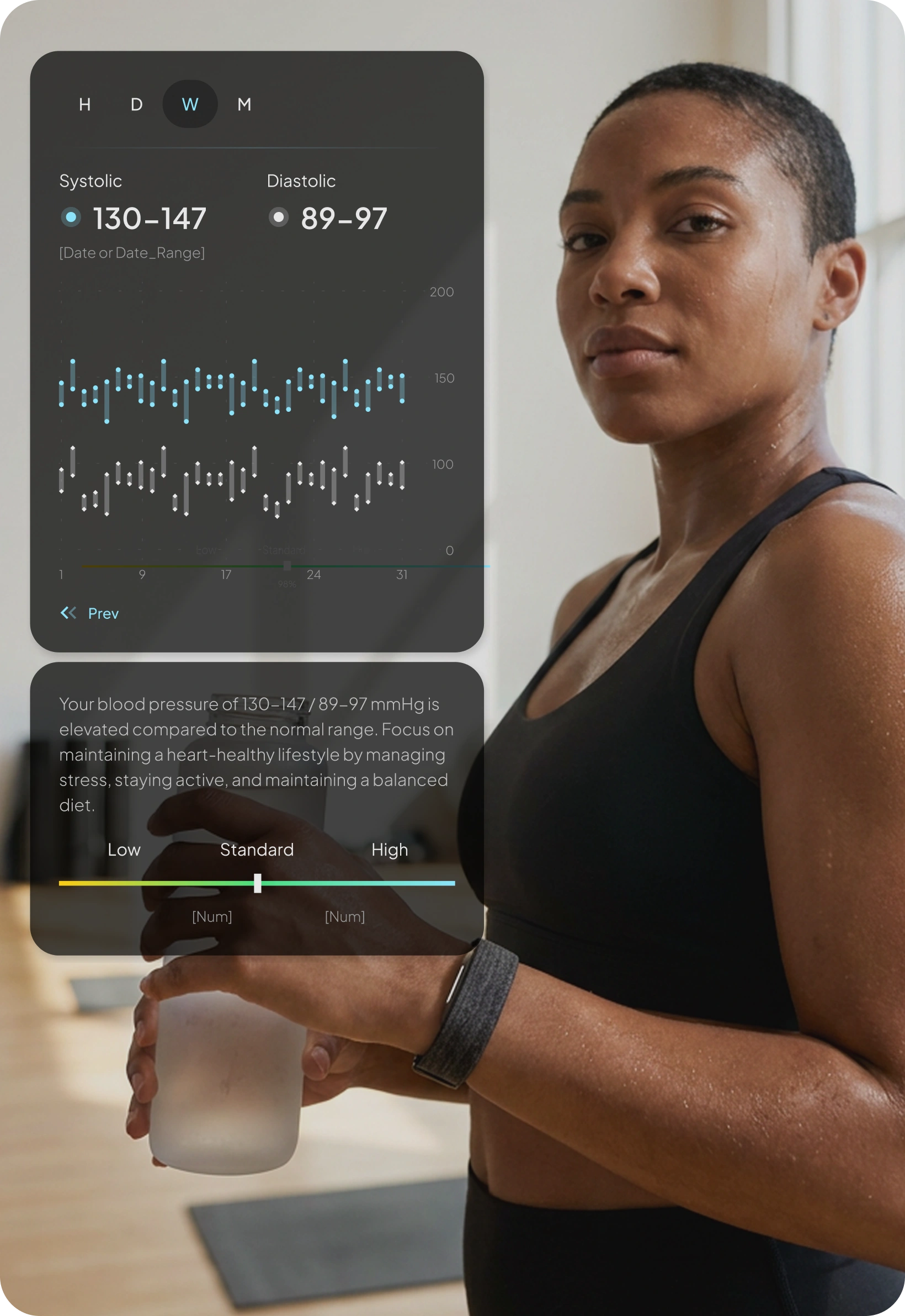 Woman holding a water bottle with the Hume Health app's blood pressure tracking chart overlaid