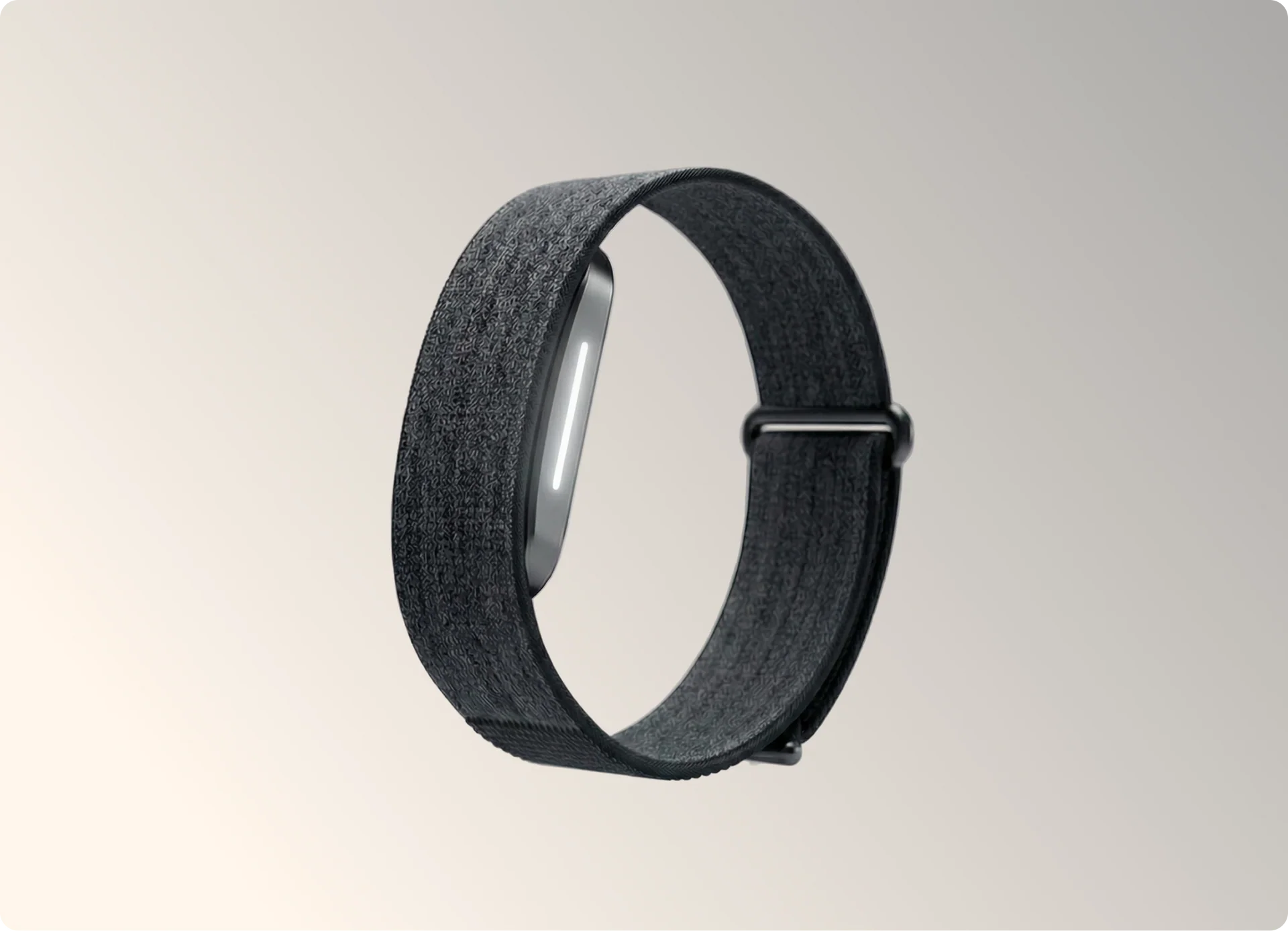 Hume Band 2.0 black fabric wearable band with metal clasp and logo, side view